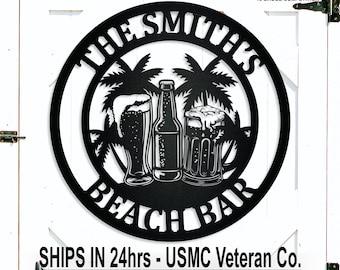 Personalized Tropical Beer Metal Wall Monogram Sign, Custom Palm Trees Bar Name Sign, Gift for Dad, Wedding, Anniversary, Housewarming