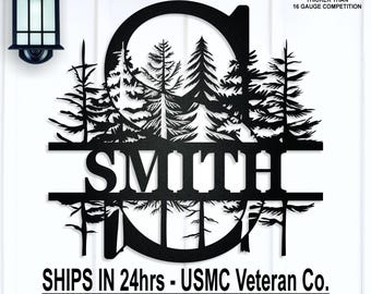 Personalized Pine Tree Forest Metal Initial Monogram Wall Art, Family Name Sign, Housewarming, Closing Gift, Wedding, Anniversary, Cabin