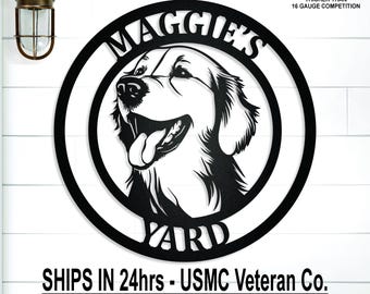 May include: A circular black metal sign featuring a cutout of a dog's head in the center. The text MAGGIE'S is arched across the top and YARD is at the bottom. The sign is made of 14 gauge American made steel, thicker than 16 gauge competition.