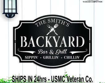 Backyard Bar & Grill, Personalized Metal Family Name Wall Sign, Patio and Grill, Custom Father's Day Gift, Grandpa, Dad, Husband, Couple