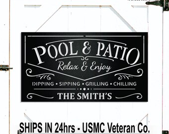 Personalized Pool and Patio Family Name Metal Wall Art, Couple Name Sign, Housewarming, Anniversary, Summer Outdoor Decor, Closing Gift