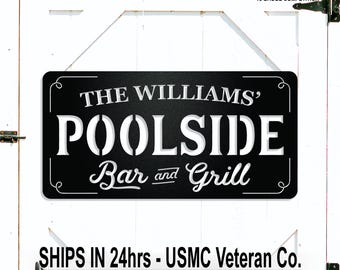Poolside Bar and Grill Metal Wall Art, Personalized Family Name Sign, Couples Names, Summer Decor, Closing Gift, Gift for Dad, Grandpa