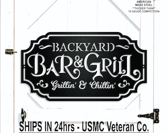 Personalized Bar & Grill Metal Sign, Custom Family Name, Backyard Decor