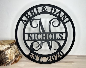 Custom family name metal monogram sign or ornament, last name sign, bridal shower gift, personalized wedding gift, custom anniversary gift