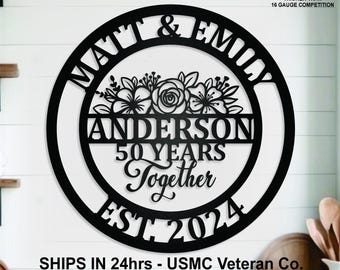 Custom 50 Years Together Floral Metal Anniversary gift Sign, 25 years together, 10 years, any year, personalized name sign, anniversary sign