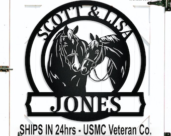 Personalized Horse Monogram Metal Wall Hanging, 2 Horse Barn Sign, Horse Stall, Address Sign, Anniversary Gift, Wedding Shower, Closing Gift