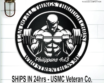 Custom Inspirational Gym Barbell Sign, Philippians 4:13 / I can do all things through Christ who strengthens me, Fitness, Workout, Weights