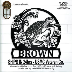 May include: Black metal wall art featuring a sea turtle swimming through waves and flowers. The word "BROWN" is displayed at the bottom. The text "14 GAUGE AMERICAN MADE STEEL" is at the top. The product is from crossmetalworks.