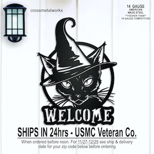 Custom Black Cat Witch Welcome Sign, Door Hanger, Halloween Witch Cat Sign, Custom Fall Art, Seasonal Welcome Metal Sign, Door Sign, Porch