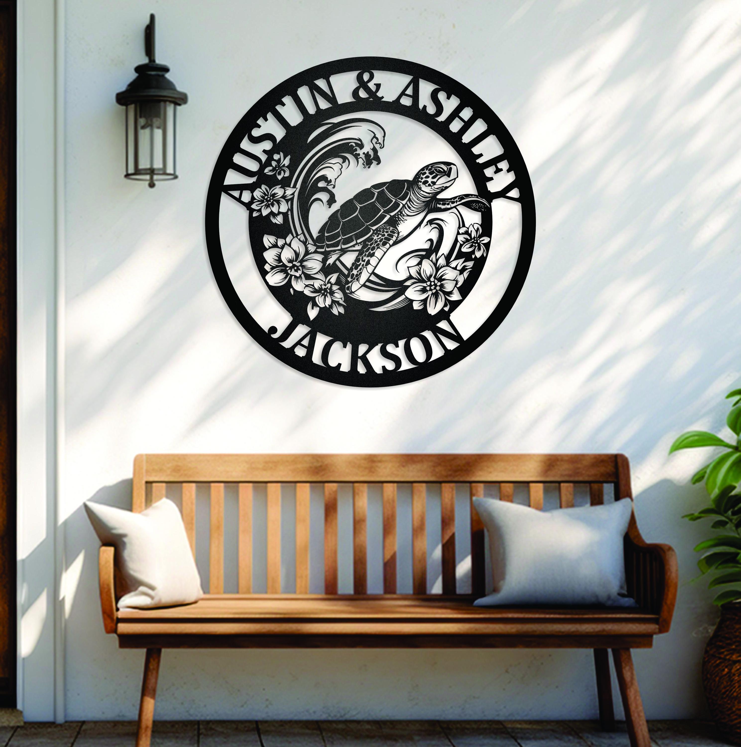 Turtle Initial Monogram Sea Turtle Hibiscus Metal Monogram - Personalized Family Name Sign - Etsy