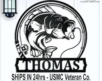 Personalized bass fish metal sign or ornament, gift for dad, Father's Day, Metal Monogram, Fishing Sign, wedding gift, anniversary gift