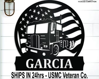Personalized Semi Over Cab American Flag Family Name Sign, Patriotic Last Name, Door Hanger, 18 wheeler, Gift for Him, Mancave, Garage Sign