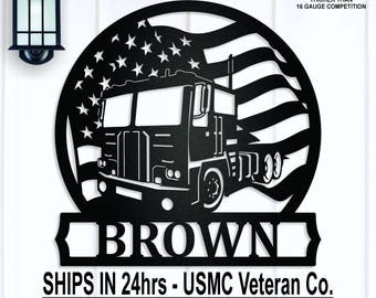 Personalized Semi Over Cab American Flag Family Name Sign, Patriotic Last Name, Door Hanger, 18 wheeler, Gift for Him, Mancave, Garage Sign