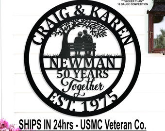 Custom 50 Years Together Couple on a Bench Anniversary Gift Metal Wall Sign, 25 years together, ANY YEAR, Personalized Wedding Est. Date