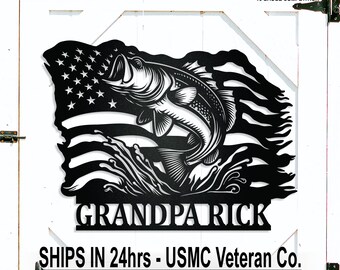 Custom Bass Fish & American Flag Name Metal Sign, Patriotic Wall Art, Personalized Father's Day Gift, Fisherman, Husband, Dad, Grandpa