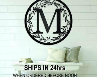 Custom Wreath Initial Monogram Custom family name metal monogram sign & ornament, last name, metal initial, personalized wedding anniversary