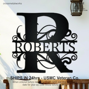 May include: Black metal monogram with the letter R and the name Roberts. The letter R is large and the name is centered below the letter. The letter R is decorated with ornate scrollwork.
