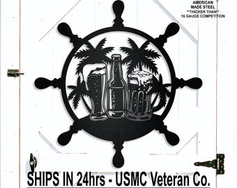 Nautical Beer Sign, Beach Bar, Palm Trees, Ship Wheel, Beach House Metal Wall Art