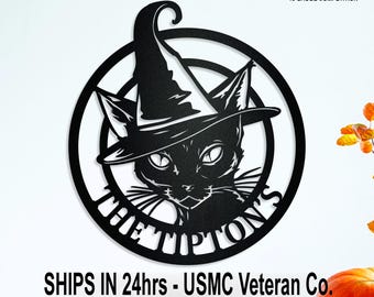 Personalized Black Cat Witch Sign, Halloween Cat Metal Wall Art, Custom Family Name Monogram, Witch Cat Door Hanger, Halloween Porch Decor
