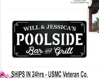 Poolside Bar and Grill Metal Wall Art, Personalized Family Name Sign, Couples Names, Summer Decor, Closing Gift, Gift for Dad, Grandpa
