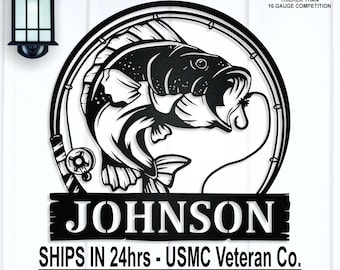 Personalized Bass Fish Monogram Metal Sign, Metal Monogram, Fishing Sign, Housewarming Gift, Wedding Monogram, Anniversary, Gift for Dad