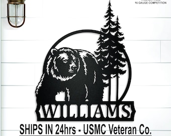 Personalized Bear Forest Family Name Metal Monogram Wall Hanging, Custom Woodland Sign, Last Name, Hunting Lodge, Cabin, Gift for Men, Dad