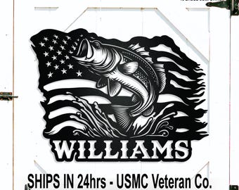 Custom Bass Fish & American Flag Name Metal Sign, Patriotic Wall Art, Personalized Father's Day Gift, Fisherman, Husband, Dad, Grandpa