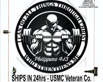 Custom Inspirational Gym Barbell Sign, Philippians 4:13 / I can do all things through Christ who strengthens me, Fitness, Workout, Weights