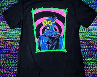 Camiseta psicodélica de payaso con gafas y flores de luz negra