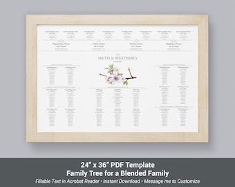 Blended Family Tree for Parents and Step Parents with Children, 4 Generation 24"x36" Acrobat PDF Template, Fillable Genealogy Wall Art