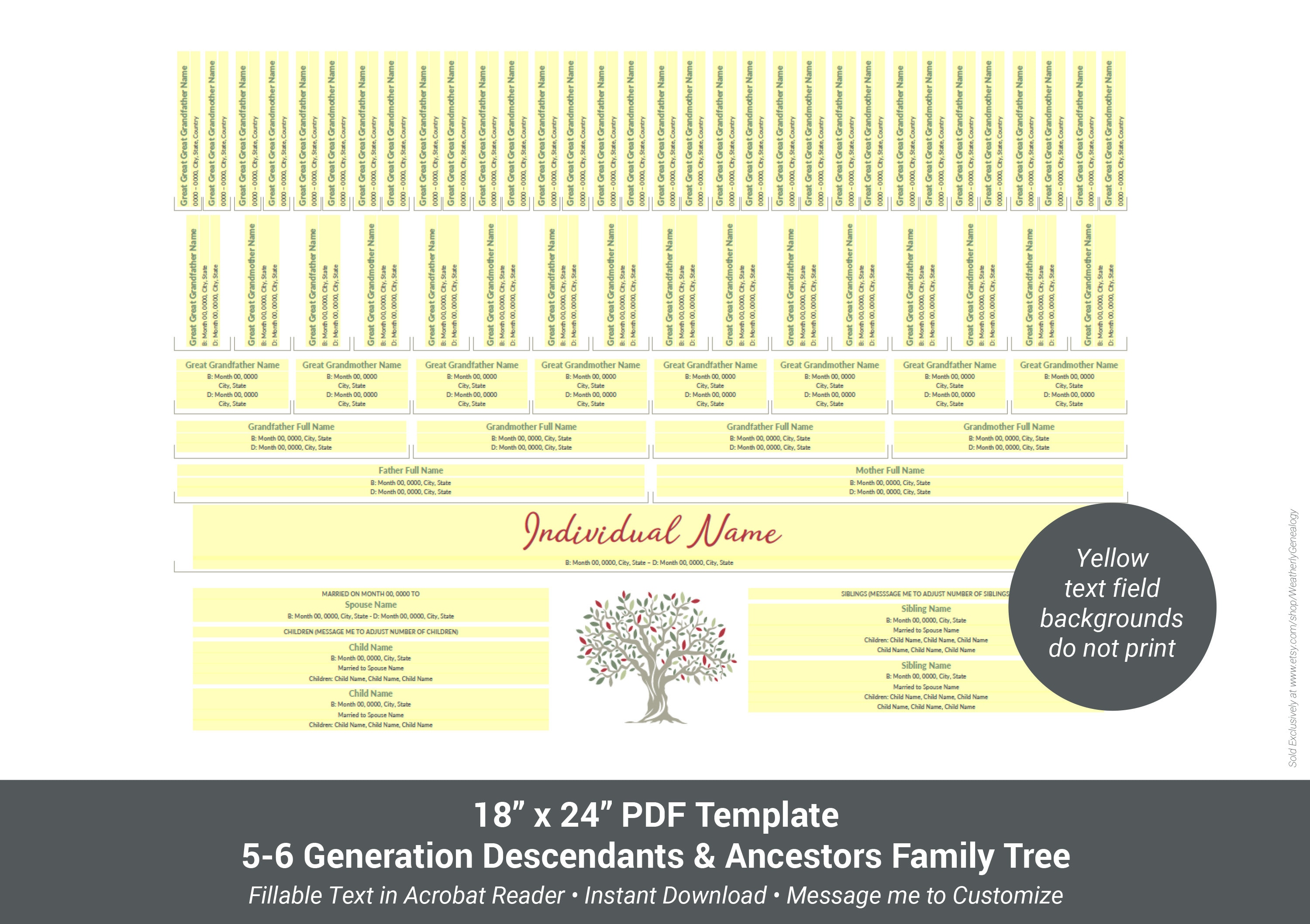 5 or 6 Generation Fillable Family Tree PDF Template - Etsy Canada