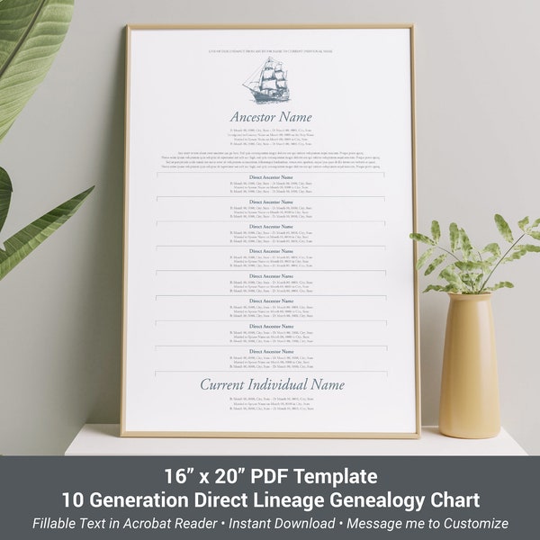 Direct Lineage Family Tree Template, 10 Generation 16"x20" Fillable PDF Genealogy Chart, DIY Acrobat PDF, Weatherly Genealogy