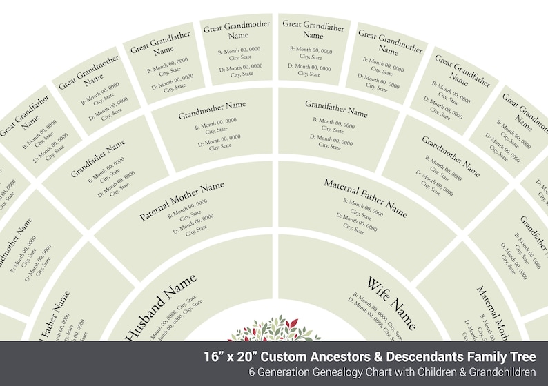 6 Generation Genealogy Fan Chart With Ancestors and Descendants, 16"x20 ...