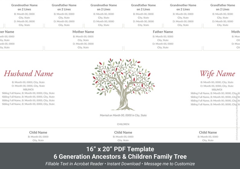 Family Tree Digital Print With Children, 6 Generation 16x20 Fillable ...