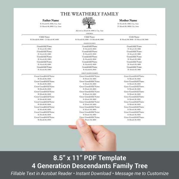 Descendant Family Tree, 4 Generation 8.5"x11" Fillable PDF Template, DIY Genealogy Chart, Acrobat PDF, Weatherly Genealogy Charts