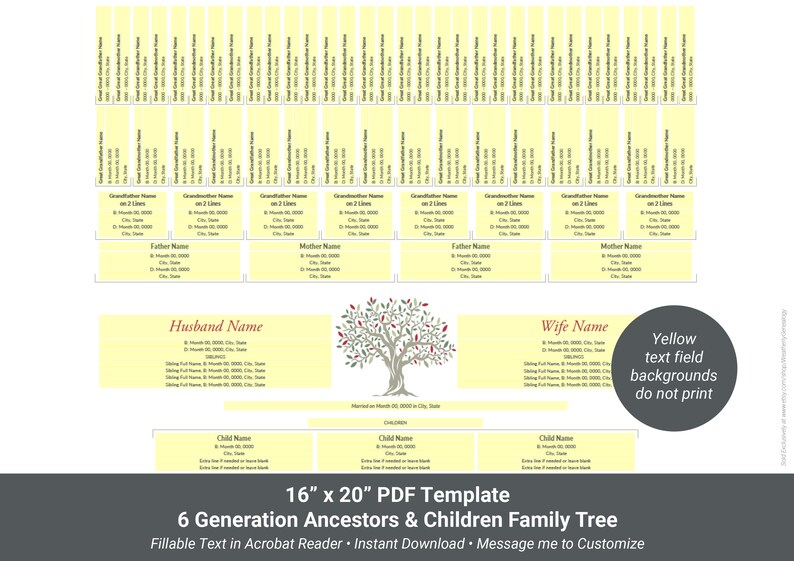 Family Tree Digital Print With Children, 6 Generation 16x20 Fillable ...