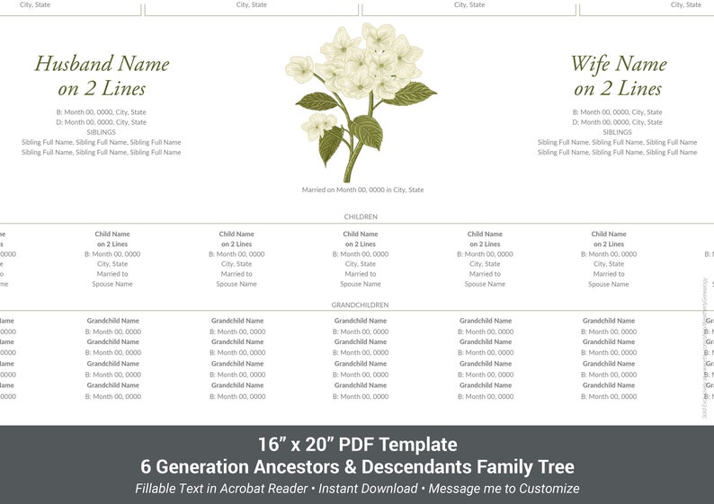 Printable Family Tree Template, 6 Generation 16x20 Fillable Acrobat PDF ...