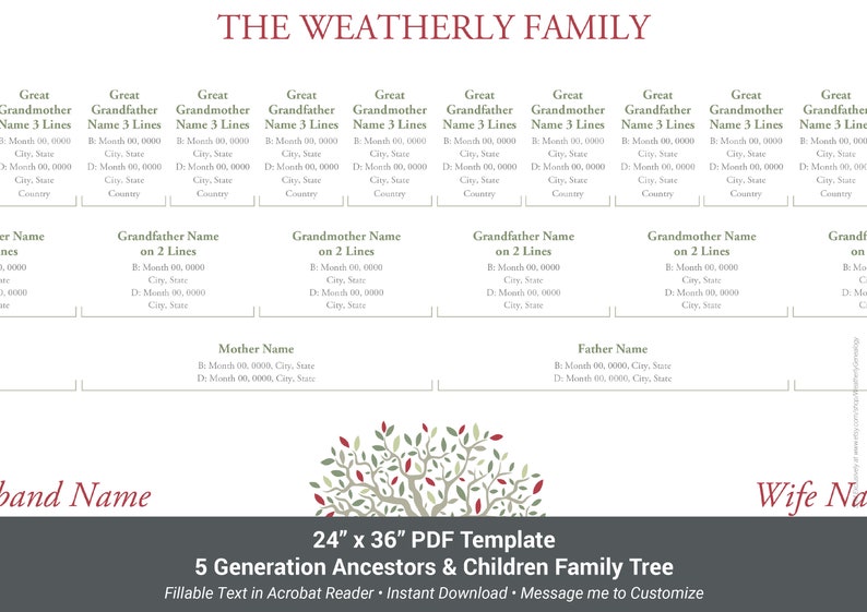 24x36 5 Generations Couple With Children Family Tree PDF Template ...