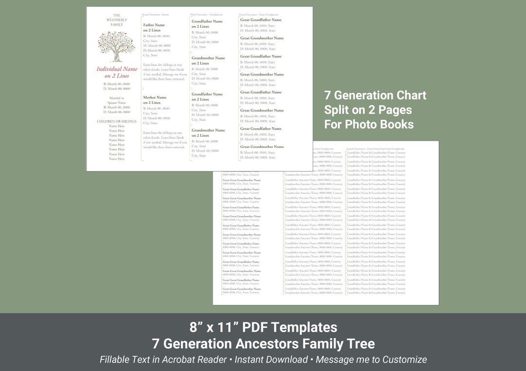 Family Tree Template for 8x11 Photo Book, 7 Generation Fillable PDF Family Tree Template for 8x11 Photo Book, 7 Generation Fillable PDF