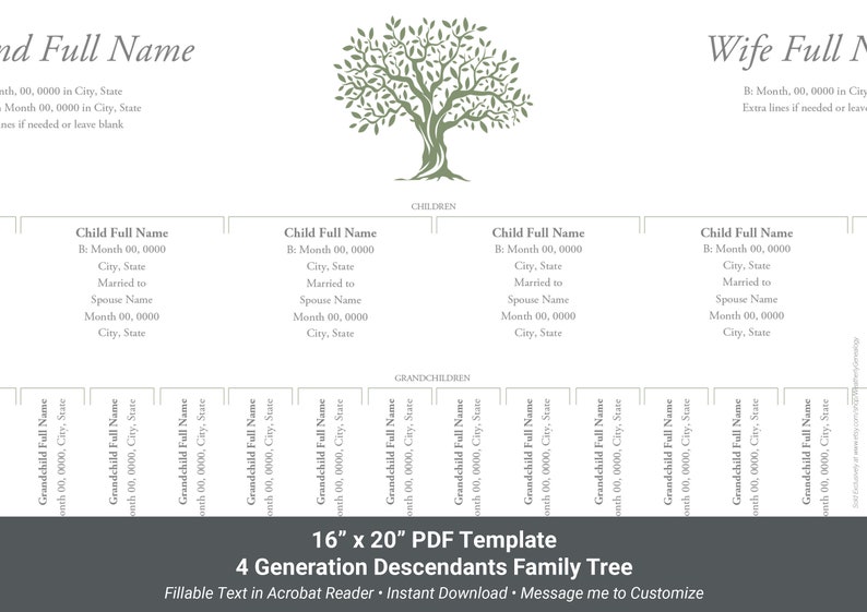 Descendant Family Tree Template 4 Generation Fillable Acrobat PDF 16x20 Descendant Family Tree Template 4 Generation Fillable Acrobat PDF 16x20