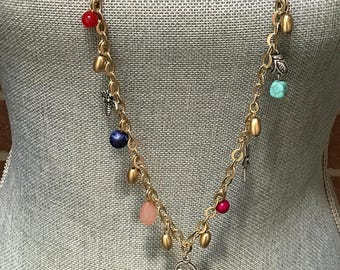 Vintage Chico's Charm Necklace: Gold Tone Bee, Heart, Ladybug, Star, Lagenlook