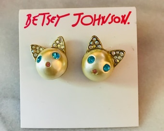 Betsey Johnson Cat Face Earrings - Kitty Stud Earrings - Faux Pearl Animal Jewelry -Cat Lover