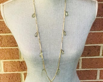 Banana Republic Long Green Bead Necklace - Gold Tone Station Necklace  - Faceted Teardrop Beads  - Layering Jewelry