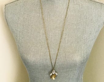 J. Crew Gold Tone Crystal Leaf Pendant Necklace - Delicate Long Chain - Minimalist Designer Jewelry