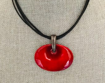 Chico’s Red Lucite Pendant Necklace  - Black Cord  - Modern Statement Jewelry