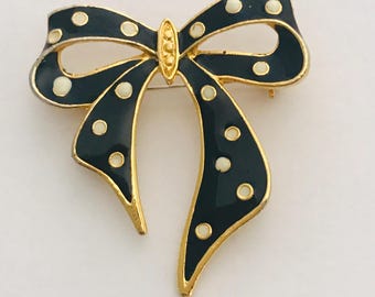 Vintage Polka Dot Bow Shaped Brooch - Black Enamel and Gold Tone Metal. Whimsical Design