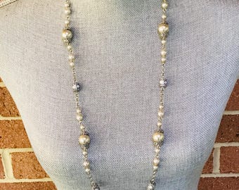 Banana Republic Faux Pearl Station Necklace  - Long Silver Tone Chain Cream Pearl and Lilac Purple Beads -  Classic Style