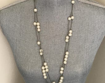Vintage Faux Pearl Necklace Silver Tone Chain Long Layered Station Necklace Elegant Classic