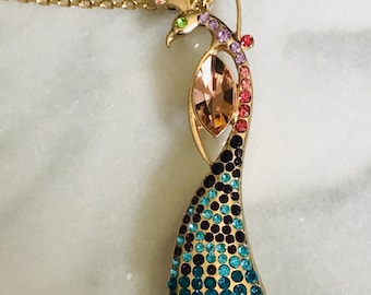 Betsey Johnson Peacock Necklace Colorful Rhinestone Bird Pendant Long Gold Tone Chain Statement Jewelry