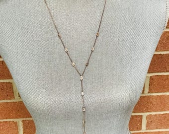 Ralph Lauren Silver Tone Faceted Crystal Baguette Rhinestone Lariat Necklace